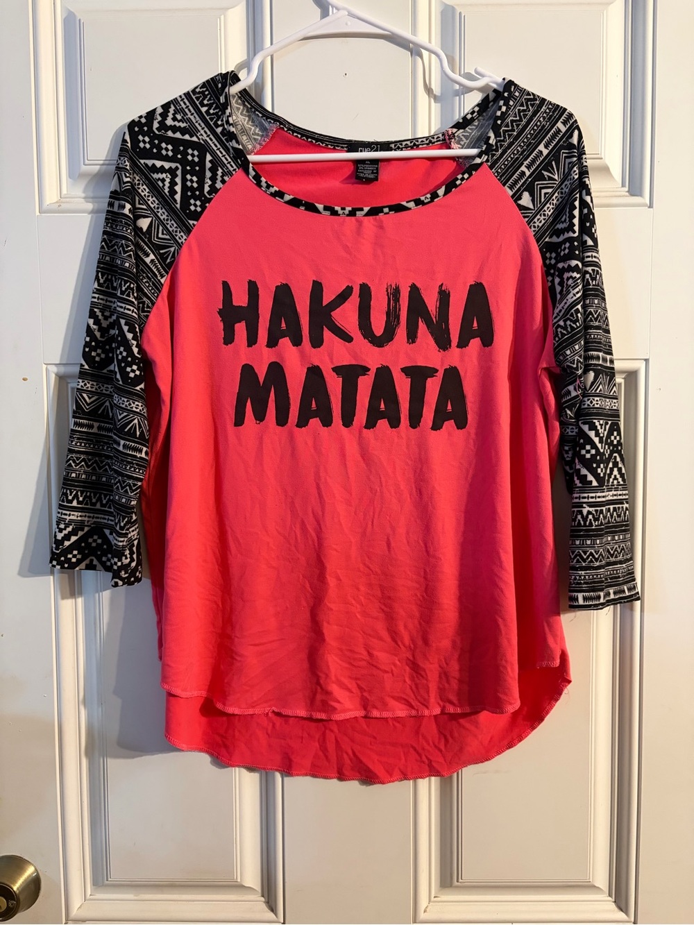 Rue21 Pink Raglan 'Hakuna Matata' Top with Black Patterned Sleeves